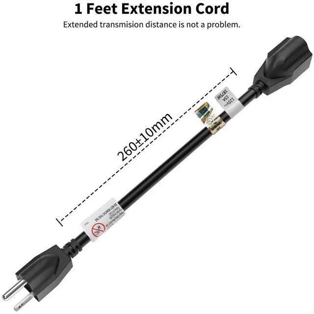 Alt view image 9 of 14 - 15 Amp 1 Foot 3 Prong Extension Cord 14 Gauge 1875W Black
