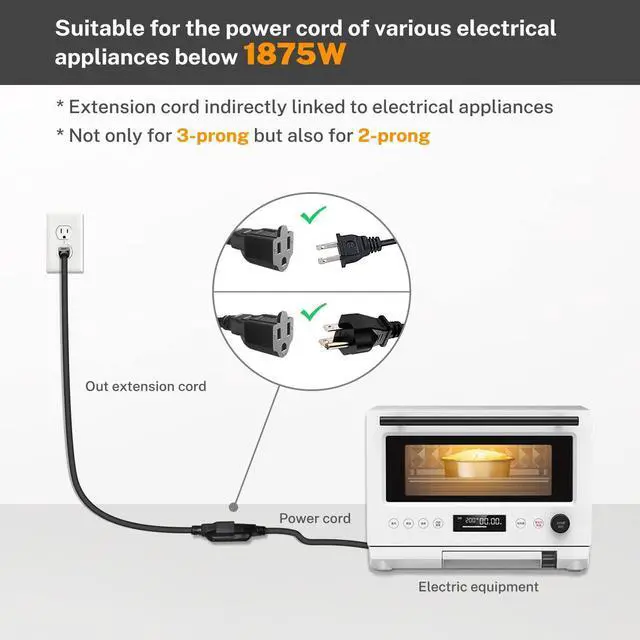 Alt view image 14 of 14 - 15 Amp 1 Foot 3 Prong Extension Cord 14 Gauge 1875W Black
