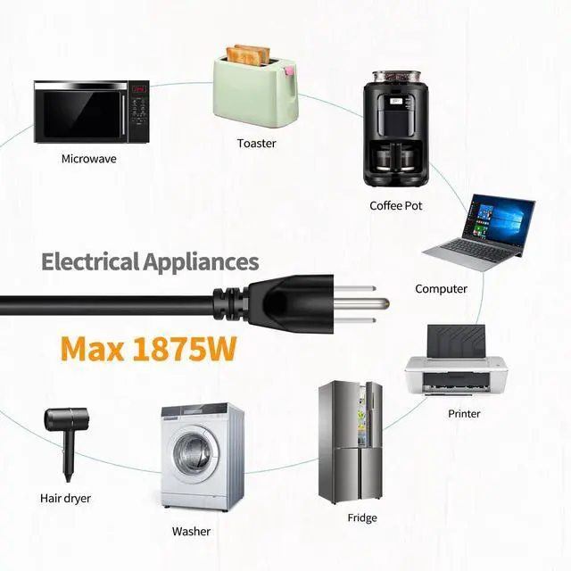 Alt view image 12 of 14 - 15 Amp 1 Foot 3 Prong Extension Cord 14 Gauge 1875W Black