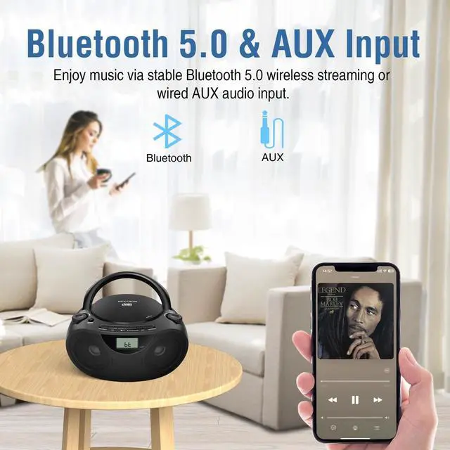 Alt view image 13 of 14 - Portable CD Player Bluetooth Boombox with AM/FM Radio, USB, AUX-in, Headphone Jack, CD-R/RW & MP3-CD Compatible, Stereo Sound with Bass Boost, AC/Battery Operated Black