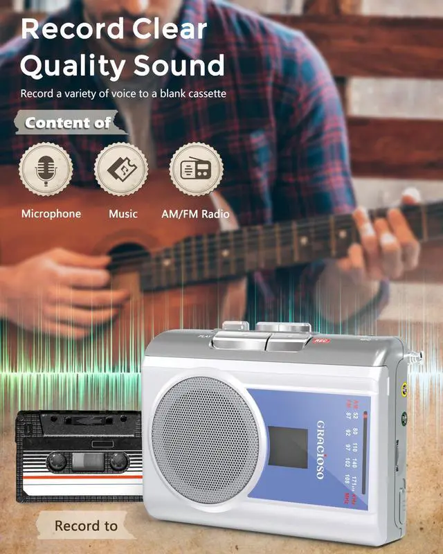 Alt view image 11 of 14 - Protable Cassette Recorder Player: AM FM Compact Cassette Tape Player with Big Speaker & Earphone Jack, Build in Microphone,Cassette Player Powered by DC or AA Battery