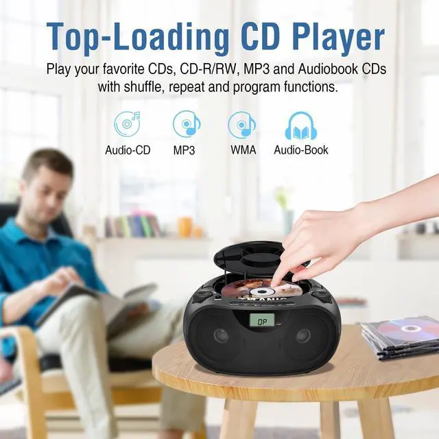 Alt view image 11 of 14 - Portable CD Player Bluetooth Boombox with AM/FM Radio, USB, AUX-in, Headphone Jack, CD-R/RW & MP3-CD Compatible, Stereo Sound with Bass Boost, AC/Battery Operated Black