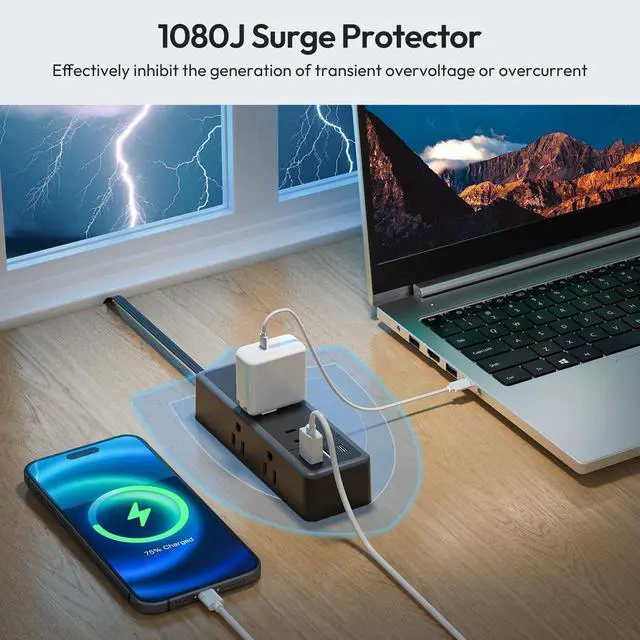 Alt view image 11 of 14 - Flat Extension Cord 10 ft, 1080 Joules Surge Protector Power Strip with 6 Widely Outlets 3 USB (1 USB C), Flat Plug Extension Cord Power Strip Long Cord for Home Office Dorm Room Essentials