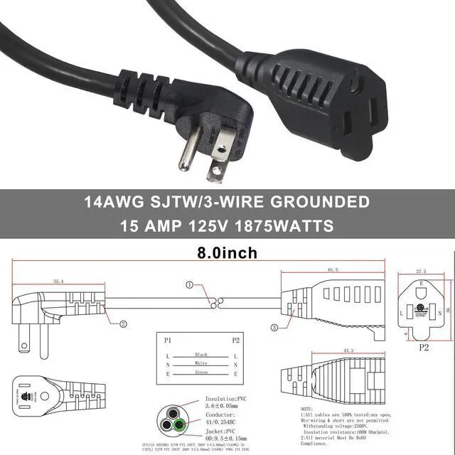 Alt view image 14 of 14 - Short Power Extension Cord - Low Profile Wall Head 6 Inch 14AWG/3C SJTW Heavy Duty Extension Cable for Indoor/Outdoor, 90-Degree Flat Plug 15A/125V 1875W NEMA 5-15P to NEMA 5-15R, Black 4-Pack