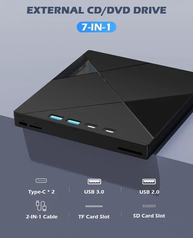 Alt view image 12 of 14 - 7 in 1 External CD/DVD Drive for Laptop, Portable DVD Player for Laptop with SD/TF Port, External DVD Drive with USB 3.0/Type C, CD Drive USB for PC Windows Linux