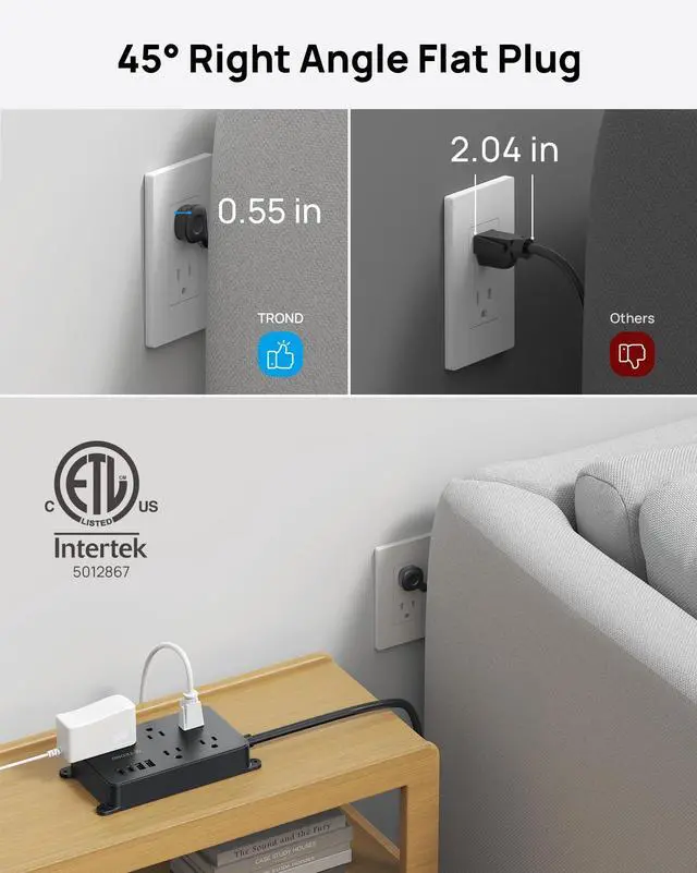 Alt view image 11 of 14 - Power Strip Surge Protector, 5 Widely-Spaced Outlets with 2 USB A and 2 USB C, ETL Listed, Wall Mountable, Flat Plug 5ft Extension Cord, 1300J, 14AWG Heavy Duty, for Office Kitchen, Black