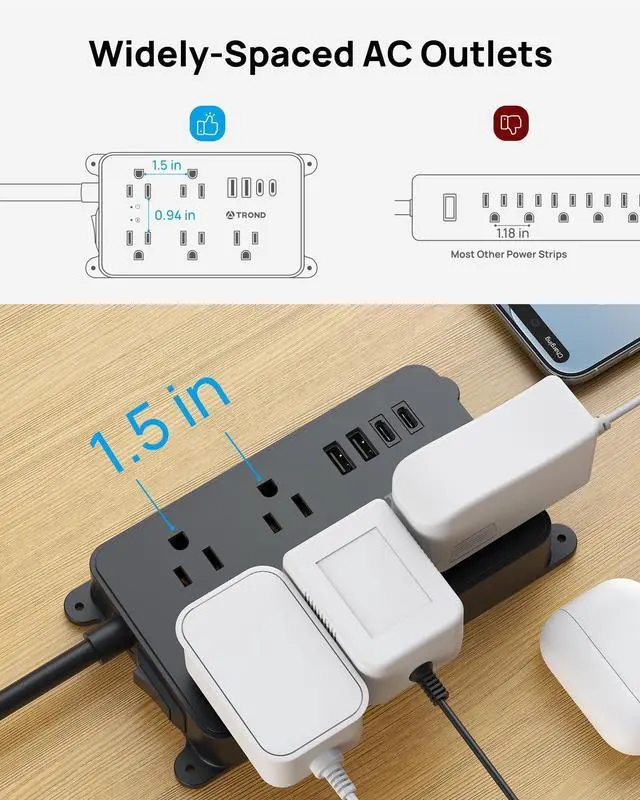 Alt view image 14 of 14 - Power Strip Surge Protector, 5 Widely-Spaced Outlets with 2 USB A and 2 USB C, ETL Listed, Wall Mountable, Flat Plug 5ft Extension Cord, 1300J, 14AWG Heavy Duty, for Office Kitchen, Black
