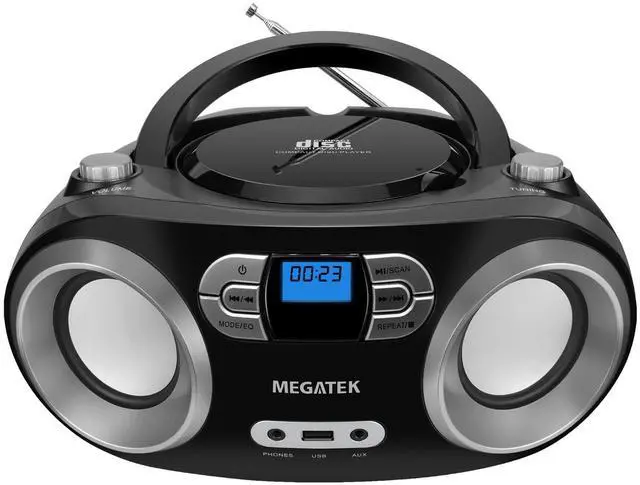 Alt view image 8 of 14 - Portable CD Player Boombox with FM Radio, Bluetooth, USB Port, AUX Input, and Headphone Jack CD-R/CD-RW/MP3-CD Compatible, Clear Stereo Sound, Backlit LCD Display Black