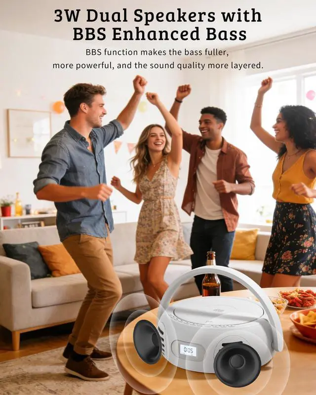 Alt view image 12 of 14 - CD Player Portable with Bluetooth, Boombox CD Players for Home with Stereo Sound & Bass Boost, FM Radio, USB/AUX Playback, LED Handle Light, Rechargeable Battery for Gift