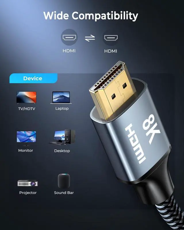Alt view image 14 of 15 - 8K HDMI Cable 10 ft 2Pack, 48Gbps High Speed HDMI 2.1 Cable, Braided HDMI Cable 2.1 8K 60Hz 4K 120Hz Support for HDR eARC HDCP 2.2/2.3, HDMI Cord Compatible with HDTV, Laptop, Monitor, PC