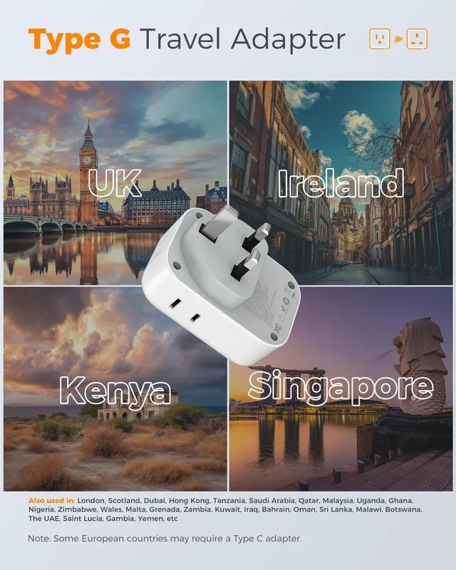 Alt view image 9 of 14 - US to UK Plug Adapter, Type G Travel Converter with 3 USB Charger(1 USB C Port), 4 Outlets Power Adaptor for USA to Qatar Ireland Hong Kong England Scotland Kenya Dubai London British