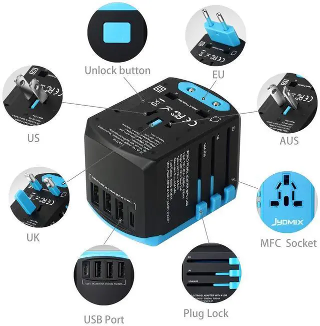 Alt view image 8 of 13 - All in One Universal USB Travel Power Adapter with 3 USB Port and Type-C International Wall Charger Worldwide AC Power Plug 8 Pin AC Socket for Multi-Nation Travel UK, EU, AU, Asia