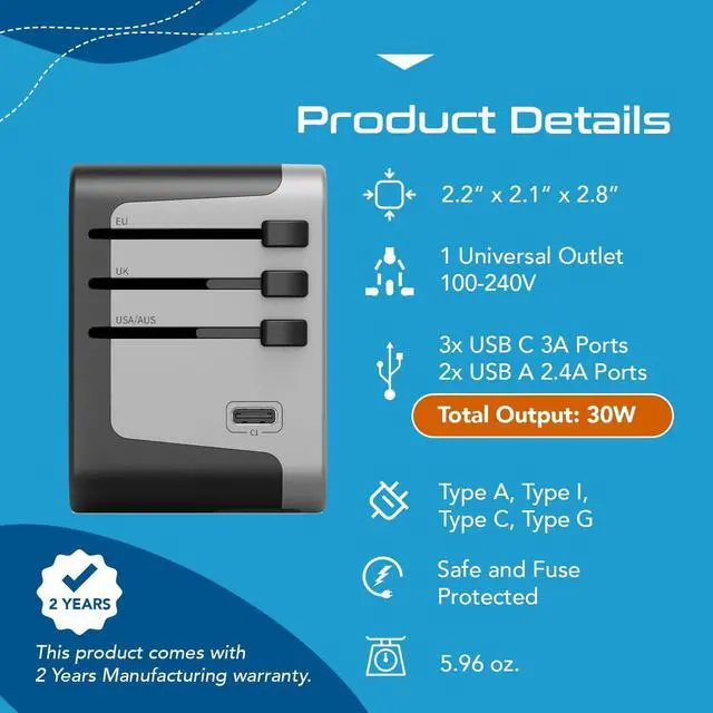 Alt view image 11 of 14 - Universal Travel Power Adapter, 6 in 1 Worldwide International Wall Charger with 2X USB-A - 3X USB-C 6A, Travel Power Adapter for for USA EU UK AUS Mobiles Laptops Cameras, UP-30KU-BL