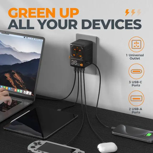 Alt view image 10 of 12 - Universal Travel Adapter, 35W International Plug Adaptor with 3 USB C and 2 USB A Charging Ports, Worldwide Power Outlet for US to European EU UK AUS Ireland(Type C/G/A/I)