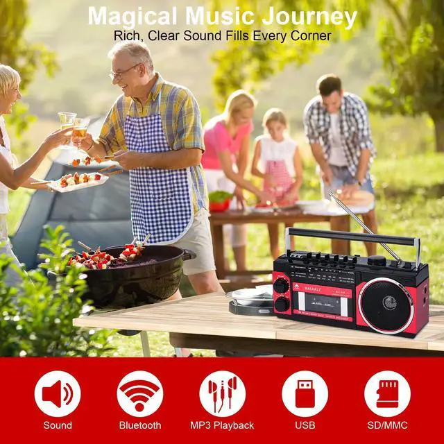 Alt view image 14 of 14 - Portable Cassette Player with AM/FM/SW Radio & BT, Boombox for Home and Travel, Record from Radio, Play via SD/USB, Headphone Jack, AC/Battery Power