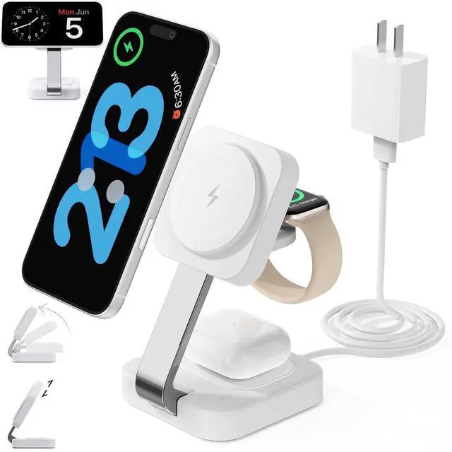 Alt view image 8 of 14 - 2026 Traveling Wireless Mag-Safe Fast Charging Station,Magnetic 3 in 1 Charger with iPhone 17 16 15 14 13 12 Pro Max Plus,Apple Watch Series & Air pods 4 3 2 Pro-Gifts for Wife & Husband(White)