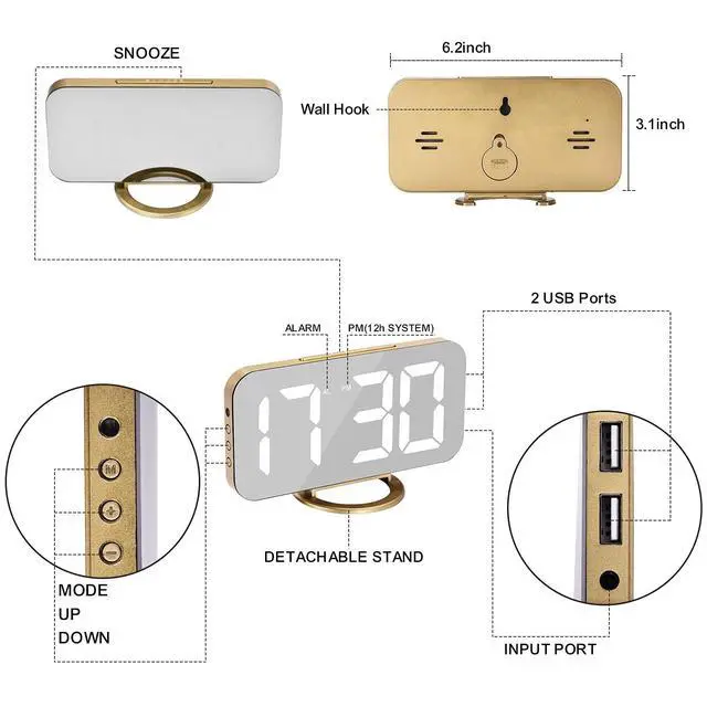 Alt view image 12 of 14 - Digital Alarm Clock,LED and Mirror Desk Clock Large Display,with Dual USB Charger Ports,3 Levels Brightness,12/24H,Modern Electronic Clock for Bedroom Home Living Room Office - Gold