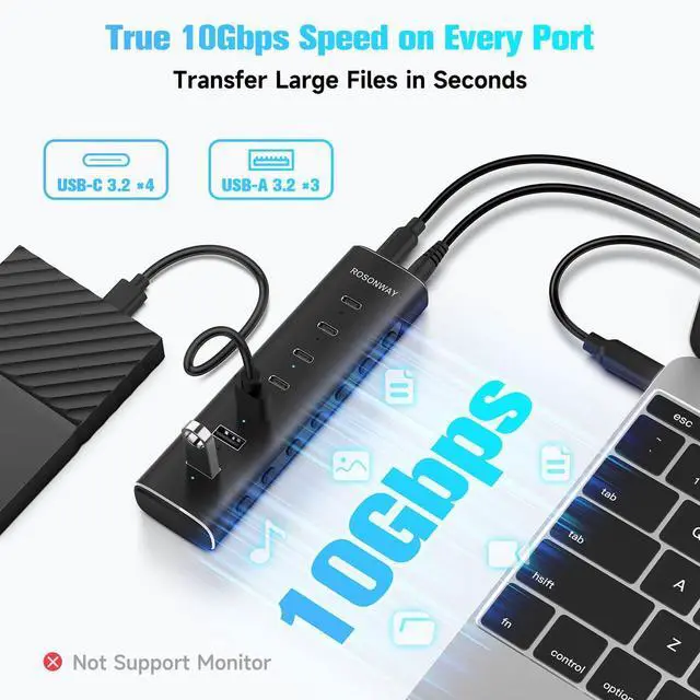 Alt view image 10 of 14 - 7 Ports Powered USB 3.2/USB C Hub 10Gbps with 4 USB-C 3.2, 3 USB-A 3.2 Ports, 3.3ft Cable and 36W(12V/3A) Power Adapter, Aluminum USB Splitter for Laptop, RSH-H7C4