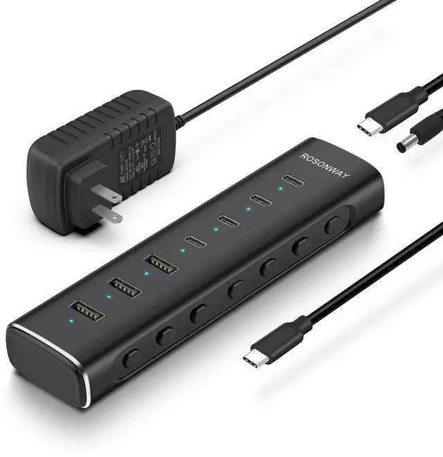 Alt view image 8 of 14 - 7 Ports Powered USB 3.2/USB C Hub 10Gbps with 4 USB-C 3.2, 3 USB-A 3.2 Ports, 3.3ft Cable and 36W(12V/3A) Power Adapter, Aluminum USB Splitter for Laptop, RSH-H7C4