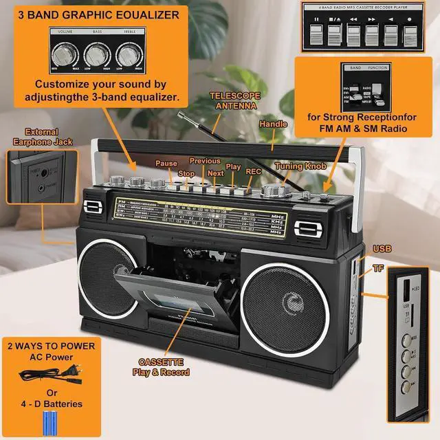 Alt view image 14 of 14 - Cassette Player Boombox with Bluetooth, AM/FM/SW Radio & Record to USB, 24W Stereo Sound, 4 Power Modes, Portable Retro Stereo for Indoor Outdoor, Classic Black