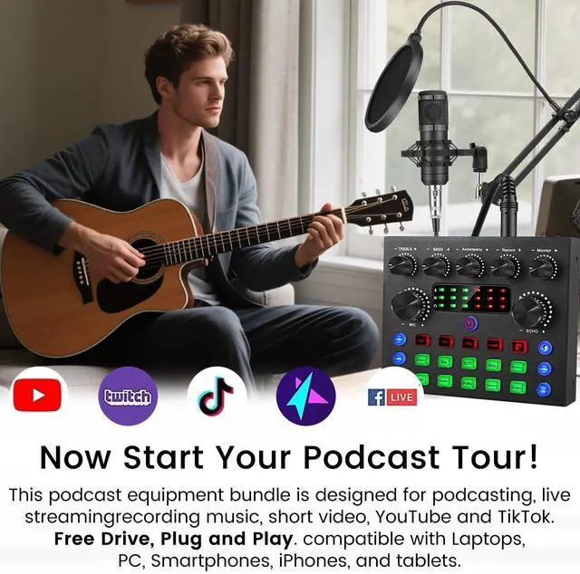 Alt view image 12 of 14 - Podcast Equipment Bundle, Recording Studio Package with Podcast Microphone and Voice Changer, Live Sound Card - Audio Interface for Laptop Computer Vlog Living Broadcast Live Streaming YouTube TikTok