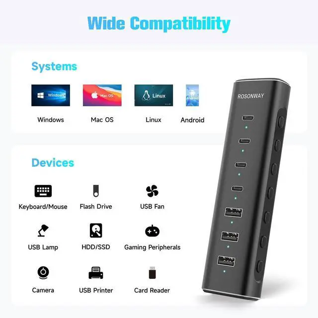 Alt view image 14 of 14 - 7 Ports Powered USB 3.2/USB C Hub 10Gbps with 4 USB-C 3.2, 3 USB-A 3.2 Ports, 3.3ft Cable and 36W(12V/3A) Power Adapter, Aluminum USB Splitter for Laptop, RSH-H7C4