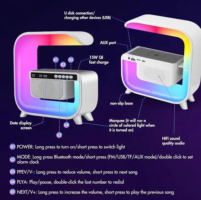 Alt view image 11 of 12 - Table Lamp with Hi-Fi Bluetooth Speaker, Bedside LED Lamp with Up to 15W Qi Wireless Charger, Color Changing Mood Lamp with Alarm Clock, Desk Lamp for Bedroom, Nightstand, Home Decor, Gift - g3