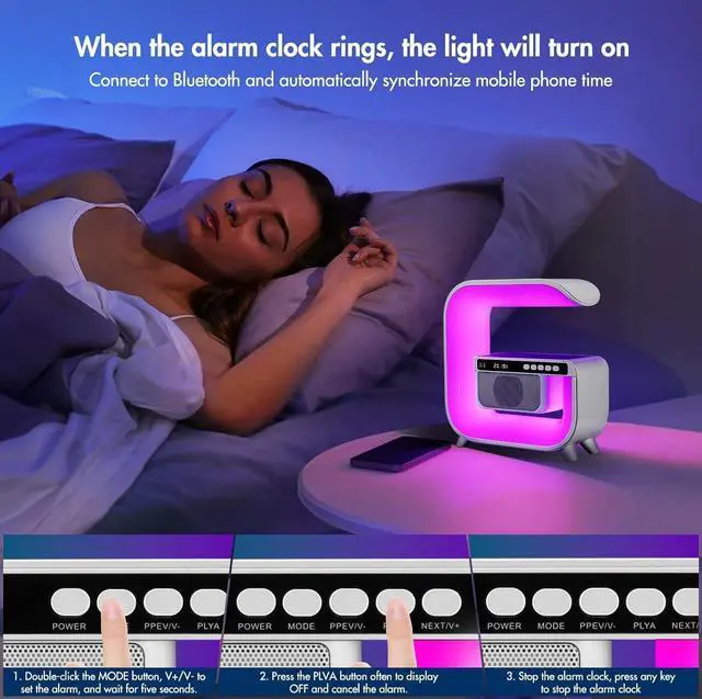 Alt view image 9 of 12 - Table Lamp with Hi-Fi Bluetooth Speaker, Bedside LED Lamp with Up to 15W Qi Wireless Charger, Color Changing Mood Lamp with Alarm Clock, Desk Lamp for Bedroom, Nightstand, Home Decor, Gift - g3