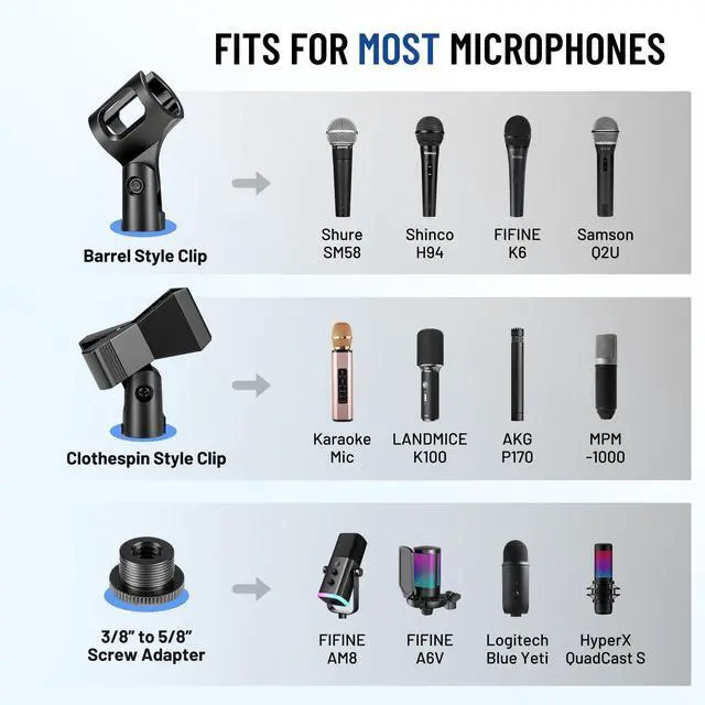 Alt view image 11 of 14 - Mic Stand Floor Adjustable - Tripod Boom Arm Microphone Stand with Carrying Bag 2 Mic Clips 3/8" to 5/8" Adapter for Singing Podcast Compatible with Blue Yeti Shure SM58 SM48 Fifine K669B