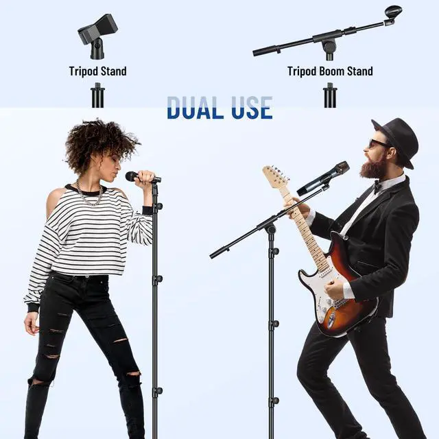 Alt view image 10 of 14 - Mic Stand Floor Adjustable - Tripod Boom Arm Microphone Stand with Carrying Bag 2 Mic Clips 3/8" to 5/8" Adapter for Singing Podcast Compatible with Blue Yeti Shure SM58 SM48 Fifine K669B