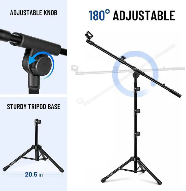 Alt view image 14 of 14 - Mic Stand Floor Adjustable - Tripod Boom Arm Microphone Stand with Carrying Bag 2 Mic Clips 3/8" to 5/8" Adapter for Singing Podcast Compatible with Blue Yeti Shure SM58 SM48 Fifine K669B
