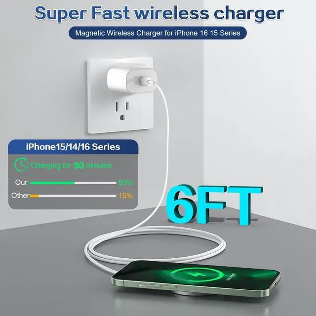 Alt view image 9 of 14 - Magnetic Wireless Charger for iPhone 16 15 Wireless Charging,Fast Mag-Safe Charger 2Pack 6FT with Apple USB C Charging Block for iPhone 16 Pro Max/16Pro/15 Pro/16/15/14/13/12/Plus/AirPods 3/2/Pro 2