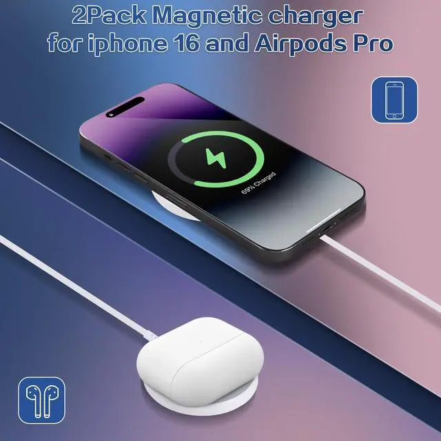 Alt view image 11 of 14 - Magnetic Wireless Charger for iPhone 16 15 Wireless Charging,Fast Mag-Safe Charger 2Pack 6FT with Apple USB C Charging Block for iPhone 16 Pro Max/16Pro/15 Pro/16/15/14/13/12/Plus/AirPods 3/2/Pro 2