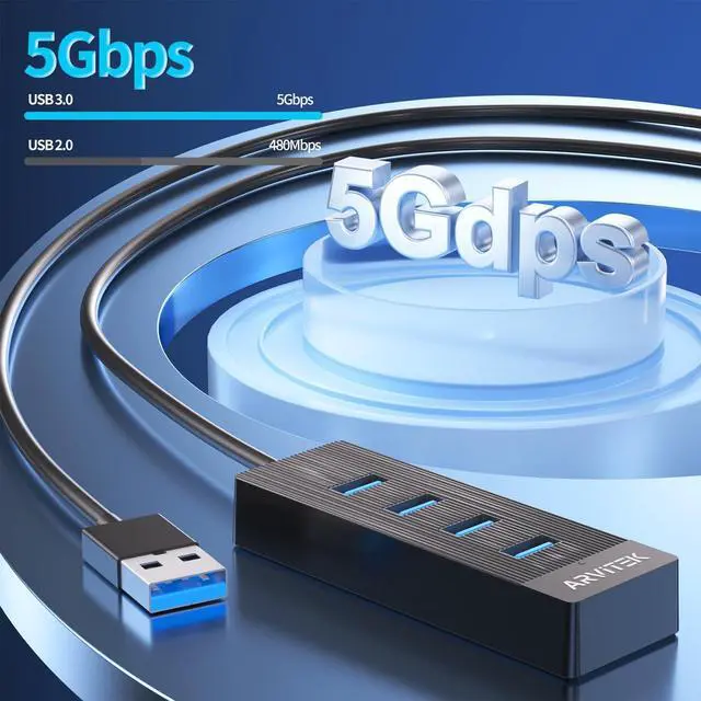 Alt view image 9 of 14 - 10Ft 4-Port USB 3.0 Hub for Desktop, USB Extender Hub 5Gbps, USB Multiport Adapter, USB Splitter w/Long Cable for Desktop, PC, Flash Drive, Mobile HDD, USB Fan (10 Foot / 3m)