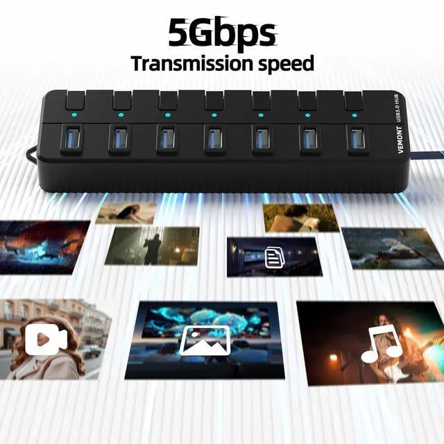 Alt view image 11 of 14 - USB hub,7 Port USB 3.0 Hub,USB Splitter with Individual On/Off Switches and Lights, 4ft/1.2m USB HUB Long Cable, USB Extension for Laptop and PC Computer