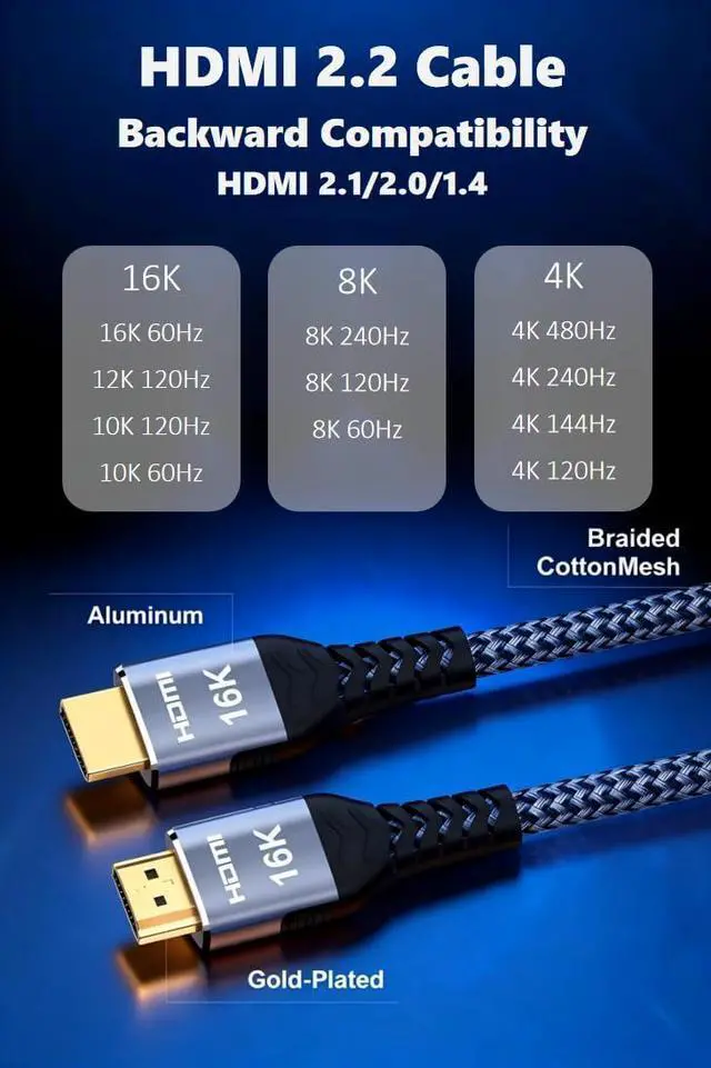 Alt view image 7 of 10 - 16K 8K 4K HDMI Cable 2.2 96Gbps 10FT, Ultra High Speed Cable 8K 4K 240Hz 144Hz 120Hz Braided HDMI Cord Compatible for PS5 Xbox Support ARC eARC HDR10+ HDCP2.3 Gaming Monitor TV Laptop Blu-ray