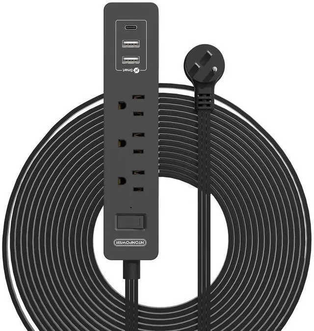 Alt view image 8 of 14 - Flat Extension Cord 15 Ft, Ultra Thin Flat Extension Cord Under Carpet, Rug, Door, Wall Mount Power Strip Flat Plug with 4 Outlets 3 USB(1 USB-C), Overload Protection for Home Office, Black