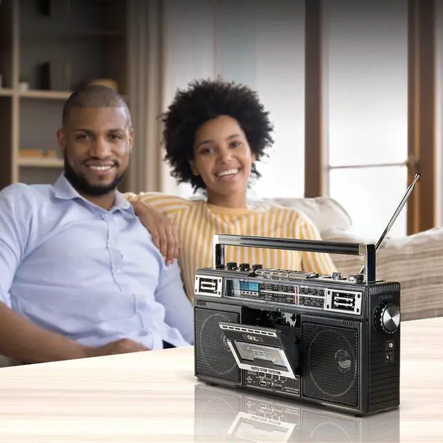 Alt view image 12 of 14 - J-220BT Boombox MP3 Conversion from Radio to Cassette with 4-Band (AM, FM, SW1, SW2) Radio with Bluetooth, Rechargeable Battery, Dual 3 Speakers, Built-in Microphone, Recorder, 3-Band Equalizer