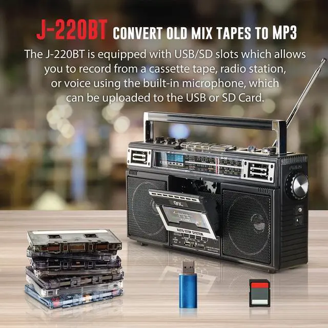 Alt view image 11 of 14 - J-220BT Boombox MP3 Conversion from Radio to Cassette with 4-Band (AM, FM, SW1, SW2) Radio with Bluetooth, Rechargeable Battery, Dual 3 Speakers, Built-in Microphone, Recorder, 3-Band Equalizer