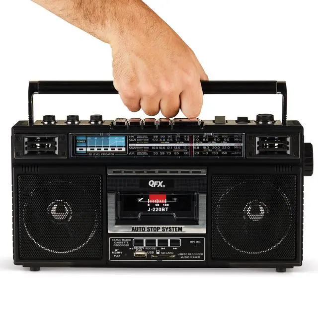 Alt view image 14 of 14 - J-220BT Boombox MP3 Conversion from Radio to Cassette with 4-Band (AM, FM, SW1, SW2) Radio with Bluetooth, Rechargeable Battery, Dual 3 Speakers, Built-in Microphone, Recorder, 3-Band Equalizer