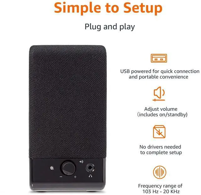Alt view image 9 of 10 - USB-Powered Computer Speakers with Volume Control for Desktop or Laptop PC, Compact Size, Headphone Jack, Portable, Plug-N-Play, Black