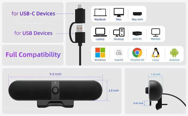 Alt view image 13 of 14 - Computer Speakers for Desktop PC, Monitor Speakers with Easy Volume Knob, Sturdy Clamp, Clear Sound, Decent Bass, USB Plug in External Speakers for Laptop, Small PC Soundbar, USB-C Adapter, 5Ft Cable
