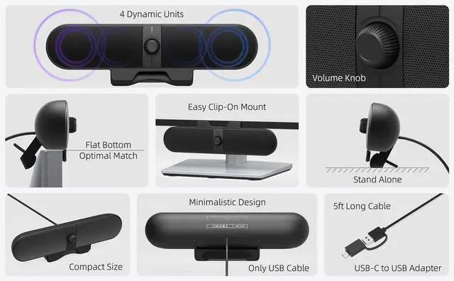 Alt view image 12 of 14 - Computer Speakers for Desktop PC, Monitor Speakers with Easy Volume Knob, Sturdy Clamp, Clear Sound, Decent Bass, USB Plug in External Speakers for Laptop, Small PC Soundbar, USB-C Adapter, 5Ft Cable