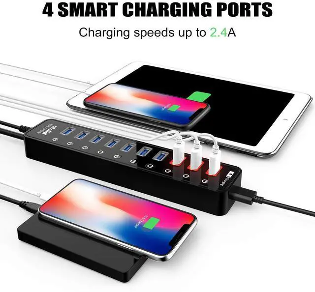 Alt view image 9 of 12 - Powered USB 3.0 Hub, USB 3.0 Data Hub 11 Ports - 7 USB 3.0 Data Ports + 4 Smart Charging Port with Individual On/Off Switches and 12V/4A Power Adapter USB Hub 3.0 Splitter
