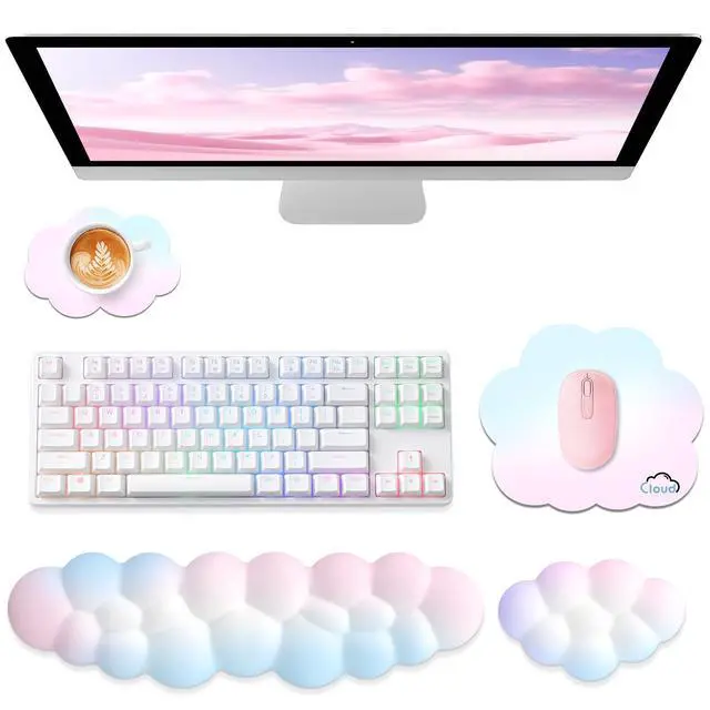 Alt view image 8 of 14 - Cloud Wrist Rest for Computer Keyboard, 4-in-1 Memory Foam Leather Cloud Keyboard Wrist Rest and Mouse Pad Set with Ergonomic Support for Arm and Palm Cushion, Gaming/Work Setup, Rainbow