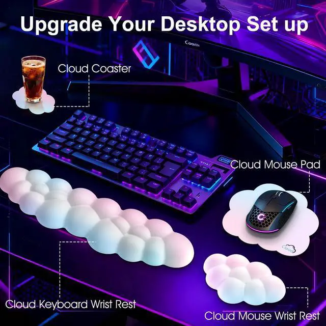 Alt view image 9 of 14 - Cloud Wrist Rest for Computer Keyboard, 4-in-1 Memory Foam Leather Cloud Keyboard Wrist Rest and Mouse Pad Set with Ergonomic Support for Arm and Palm Cushion, Gaming/Work Setup, Rainbow