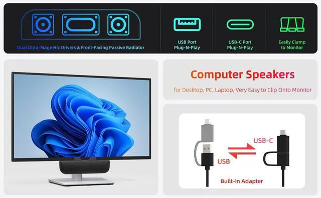 Alt view image 9 of 14 - Computer Speakers for Desktop PC, Monitor Speakers, USB Plug-in, Wired, External Speaker for Laptop, Small Computer Soundbar for PC, with Loud Sound, Deep Bass, USB-C Adapter, Easily Clamp to Monitor