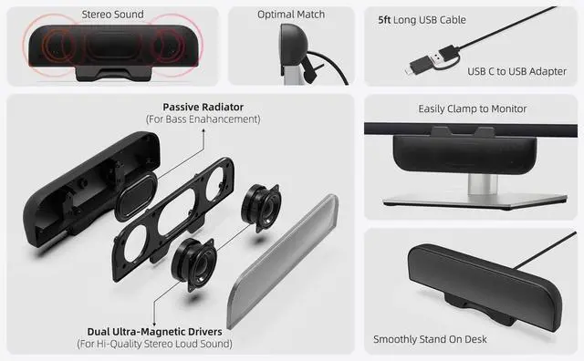 Alt view image 11 of 14 - Computer Speakers for Desktop PC, Monitor Speakers, USB Plug-in, Wired, External Speaker for Laptop, Small Computer Soundbar for PC, with Loud Sound, Deep Bass, USB-C Adapter, Easily Clamp to Monitor