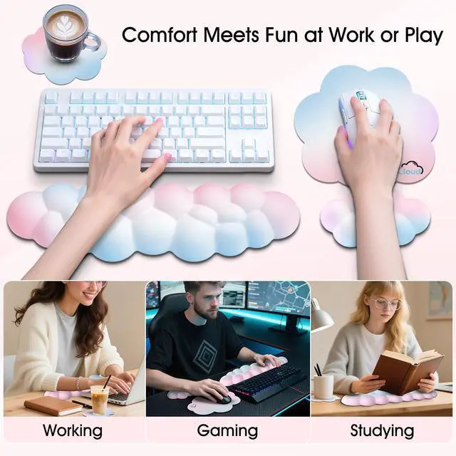 Alt view image 13 of 14 - Cloud Wrist Rest for Computer Keyboard, 4-in-1 Memory Foam Leather Cloud Keyboard Wrist Rest and Mouse Pad Set with Ergonomic Support for Arm and Palm Cushion, Gaming/Work Setup, Rainbow