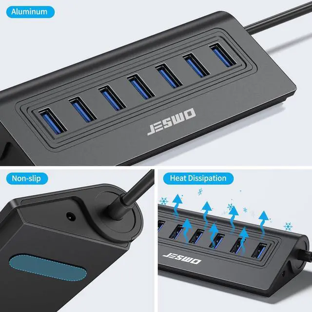 Alt view image 13 of 14 - Powered USB Hub, 7-Port USB 3.0 Hub, Aluminum USB Data Hub with 3.3ft Cable, USB Hub 3.0 Powered with 20W Power Adapter for MacBook, Mac Pro/mini, iMac, XPS, PC, USB-Flash Drives, etc. (Black)